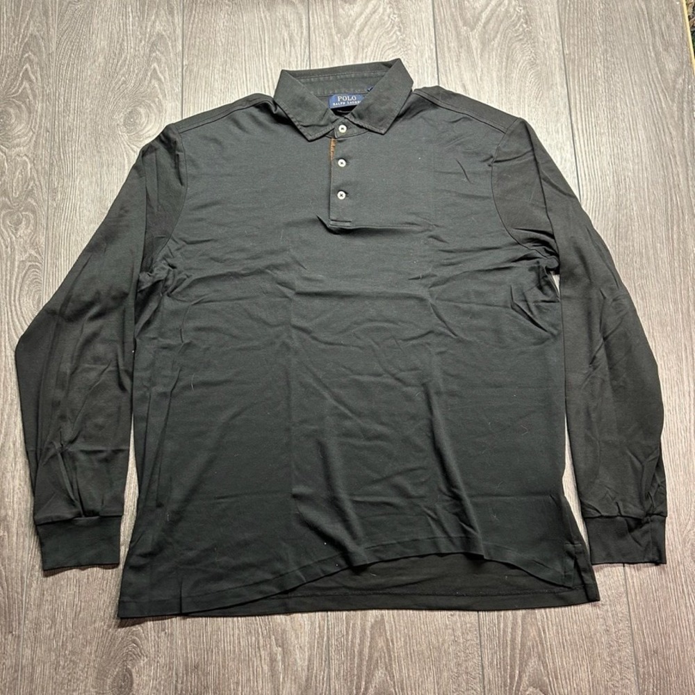 Polo Ralph Lauren Mens Large Black Long Sleeve Performance Polo Shirt Custom Fit